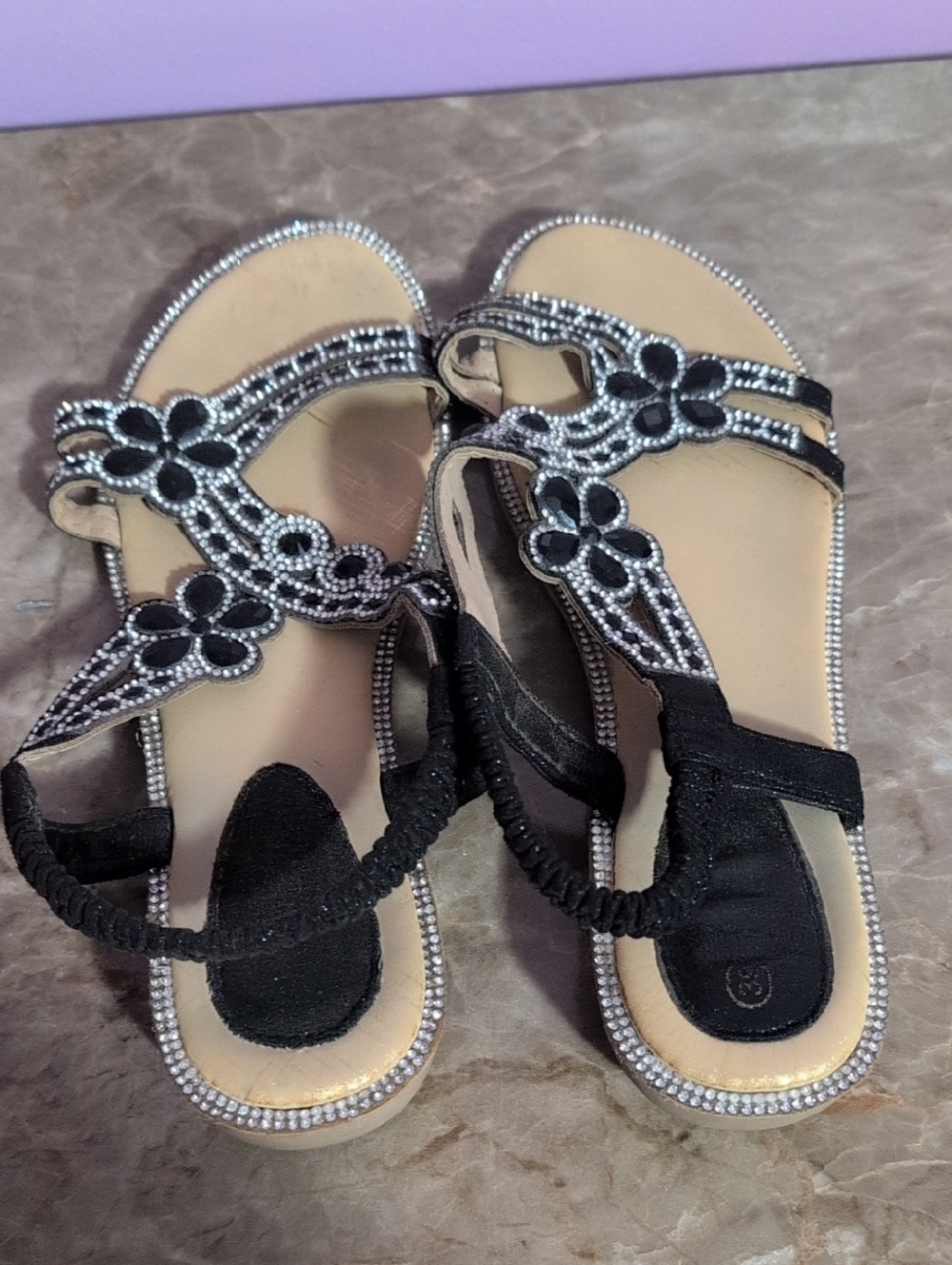 Women's Black Rhinestone Flower Sandals